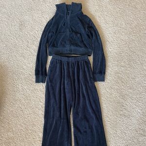 Brandy Melville Navy Velour/Velvet Track Suit Set